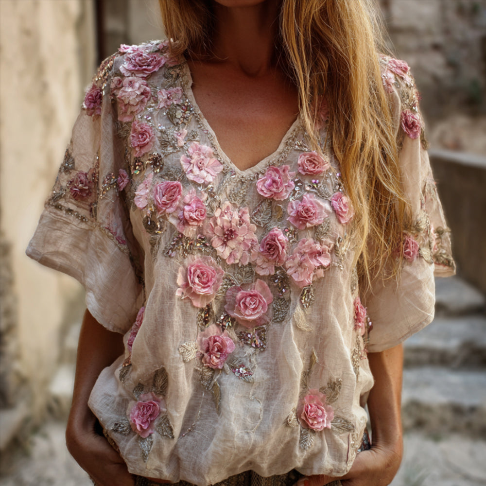 Bohemian Style Pink Rose Vintage Romantic Distressed V-neck Short-sleeved Shirt