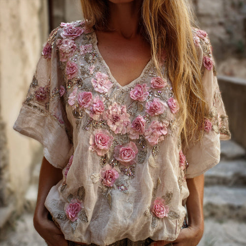 Bohemian Style Pink Rose Vintage Romantic Distressed V-neck Short-sleeved Shirt