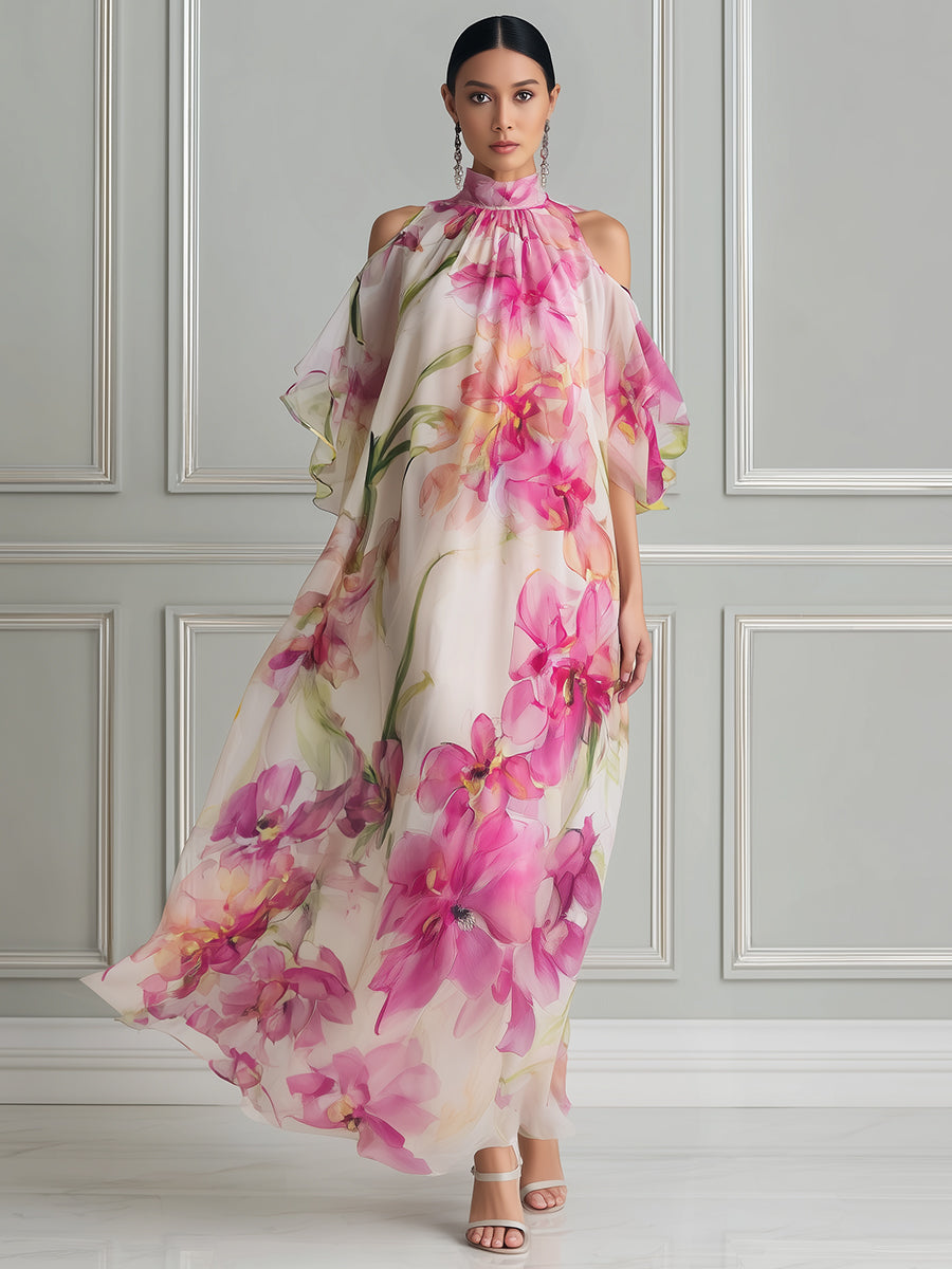 Floral Watercolor High-Neck Cold-Shoulder Maxi Dress