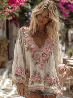 Bohemian Style Pink Rose Vintage V-neck Long Sleeve Shirt