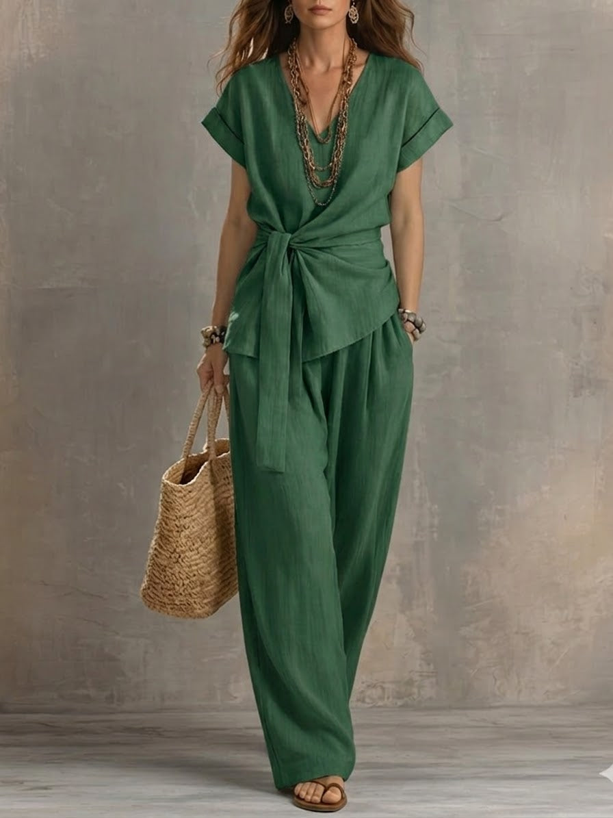 Casual Linen And Cotton Two-piece Set