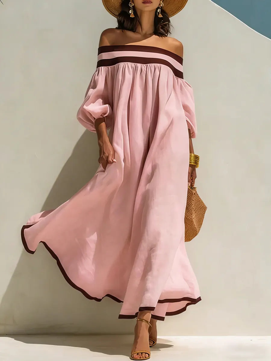 Loose-fitting Color-blocked Off-the-shoulder Cotton-linen Maxi Dress