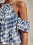 Blue & White Gingham Halter Cold-Shoulder Tiered Maxi Dress