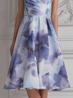 Blue Watercolor Floral Print A-line Flared Midi Dress