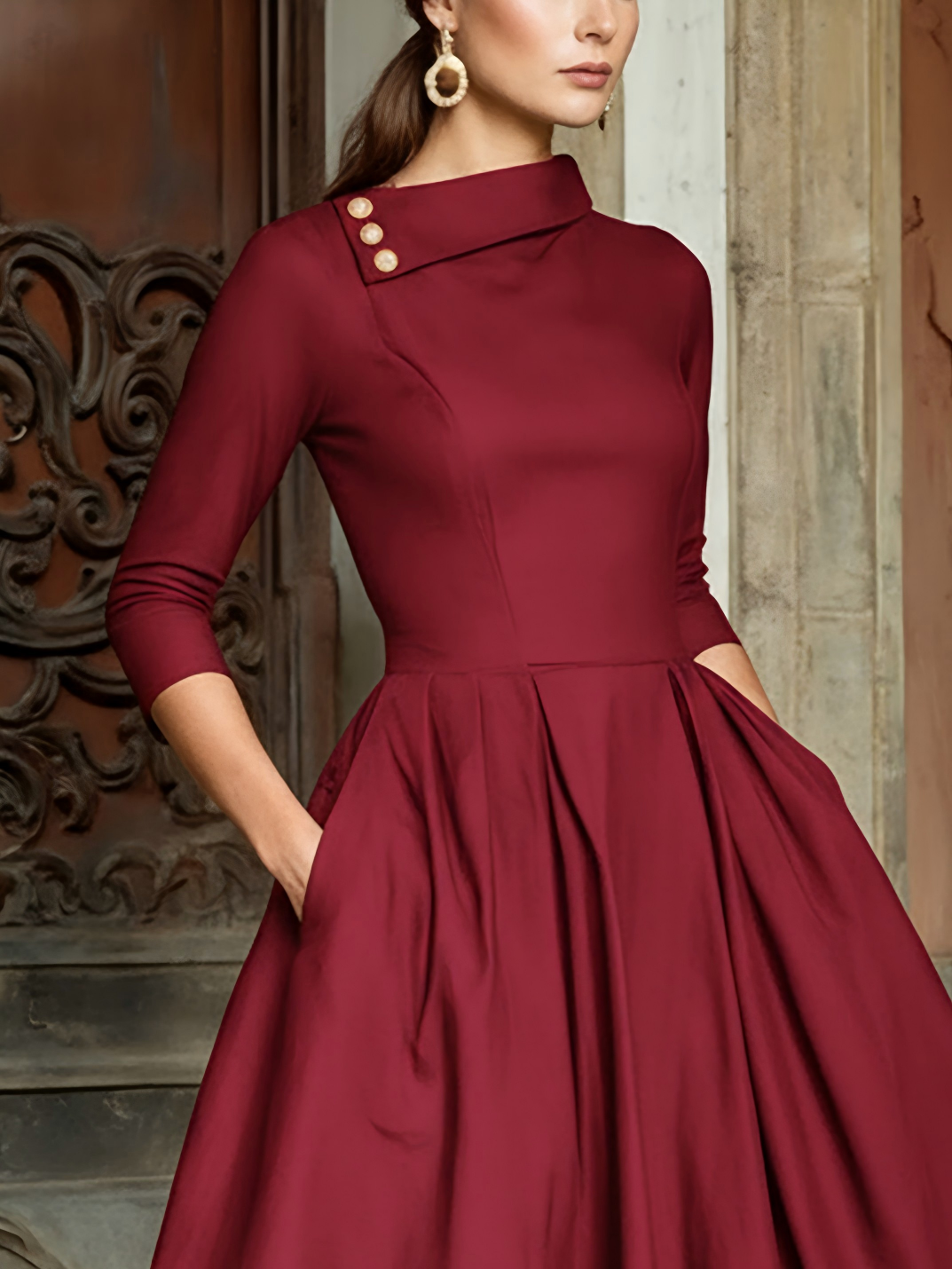Midi Cotton Dress, Half Sleeve, Shawl Collar, Plain, Pocket Design, Vintage, Crimson
