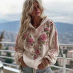 Vintage  Pink Rose Embroidery Art Hooded Sweater