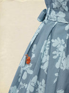 Midi Linen Dress , Half Sleeve, Shawl Collar, Floral, Button Design, Vintage, Blue