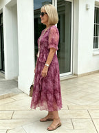 Purple Floral Mesh Chiffon Midi Dress, V-Neck Ruffle 3/4 Sleeve Waist Ruffle Loose Slimming Mom Dress