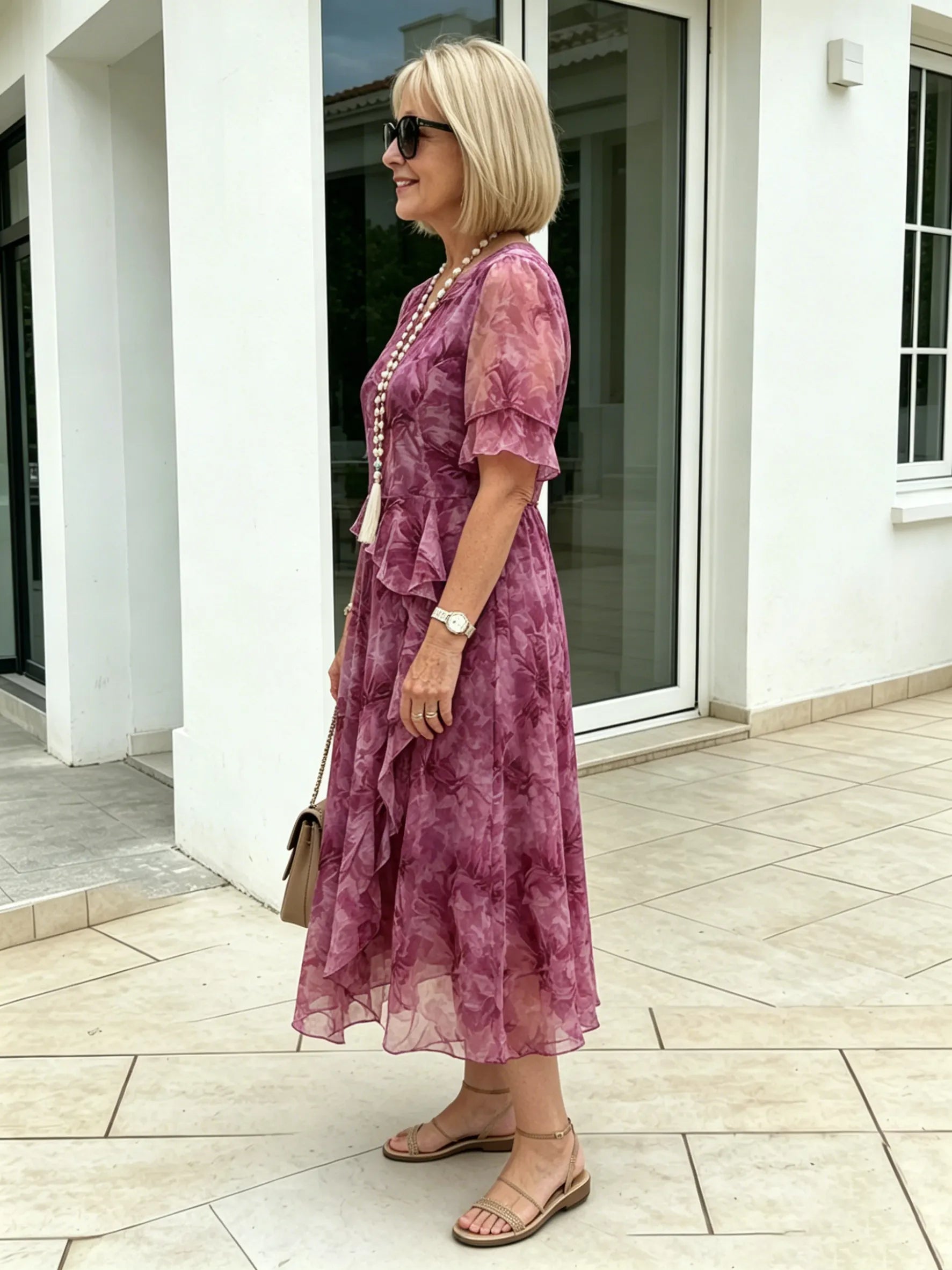 Purple Floral Mesh Chiffon Midi Dress, V-Neck Ruffle 3/4 Sleeve Waist Ruffle Loose Slimming Mom Dress