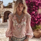 Boho Pink Roses Art Glitter V Neck Linen T Shirt