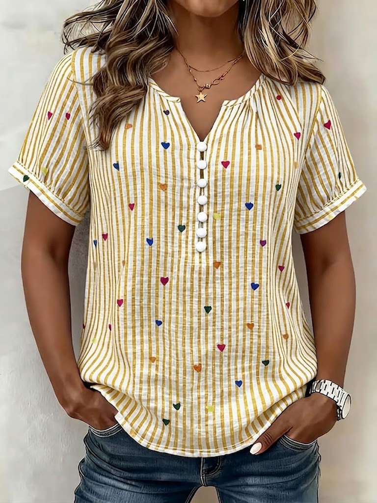 Casual Heart And Stripe Linen-cotton Shirt