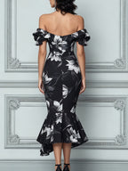Black And White Floral Off-the-Shoulder Ruffled Midi Dress