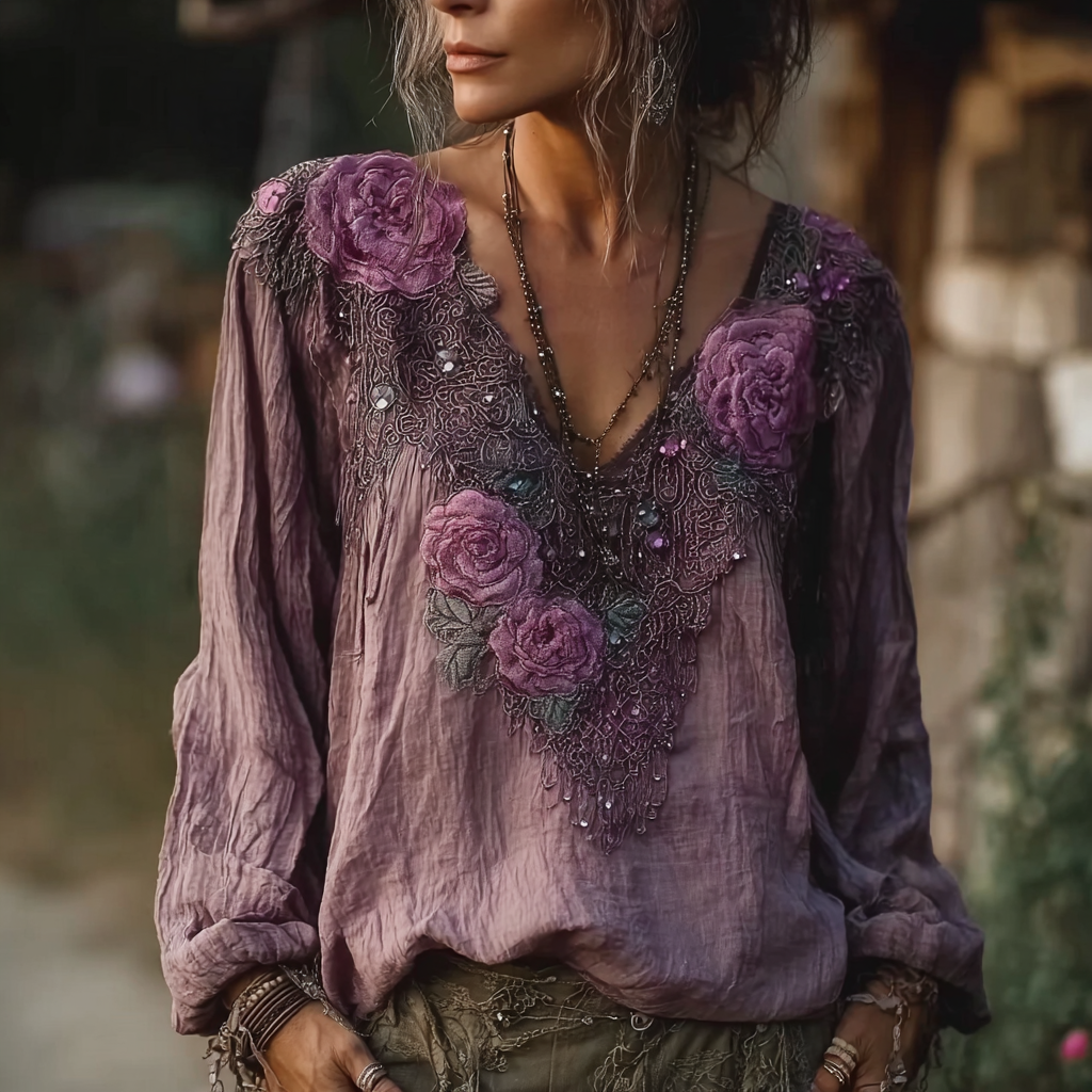 Vintage Purple Rose Design Summer V-neck Long-sleeved Linen Top