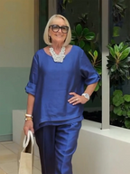 Double-layered Solid Color Cotton and Linen Two-piece Loose Casual Soft Shirt Pants