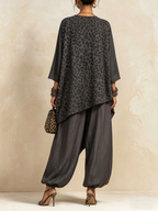 Dark Grey Leopard Print Asymmetric Linen-Blend Co-ord Set