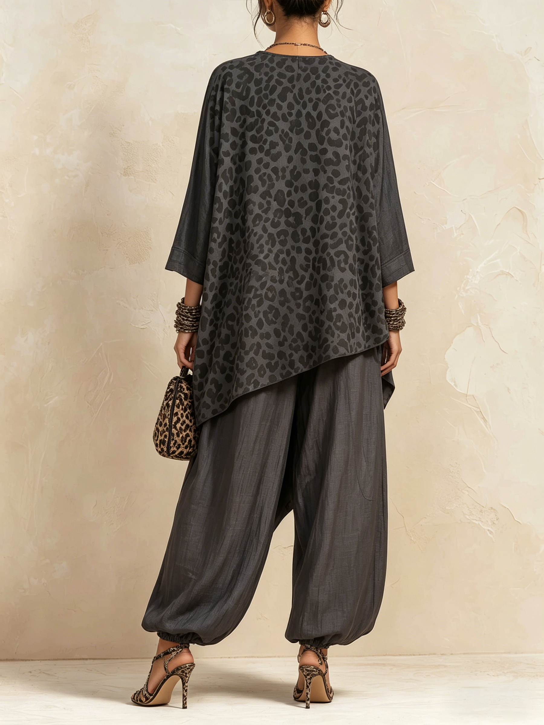 Dark Grey Leopard Print Asymmetric Linen-Blend Co-ord Set