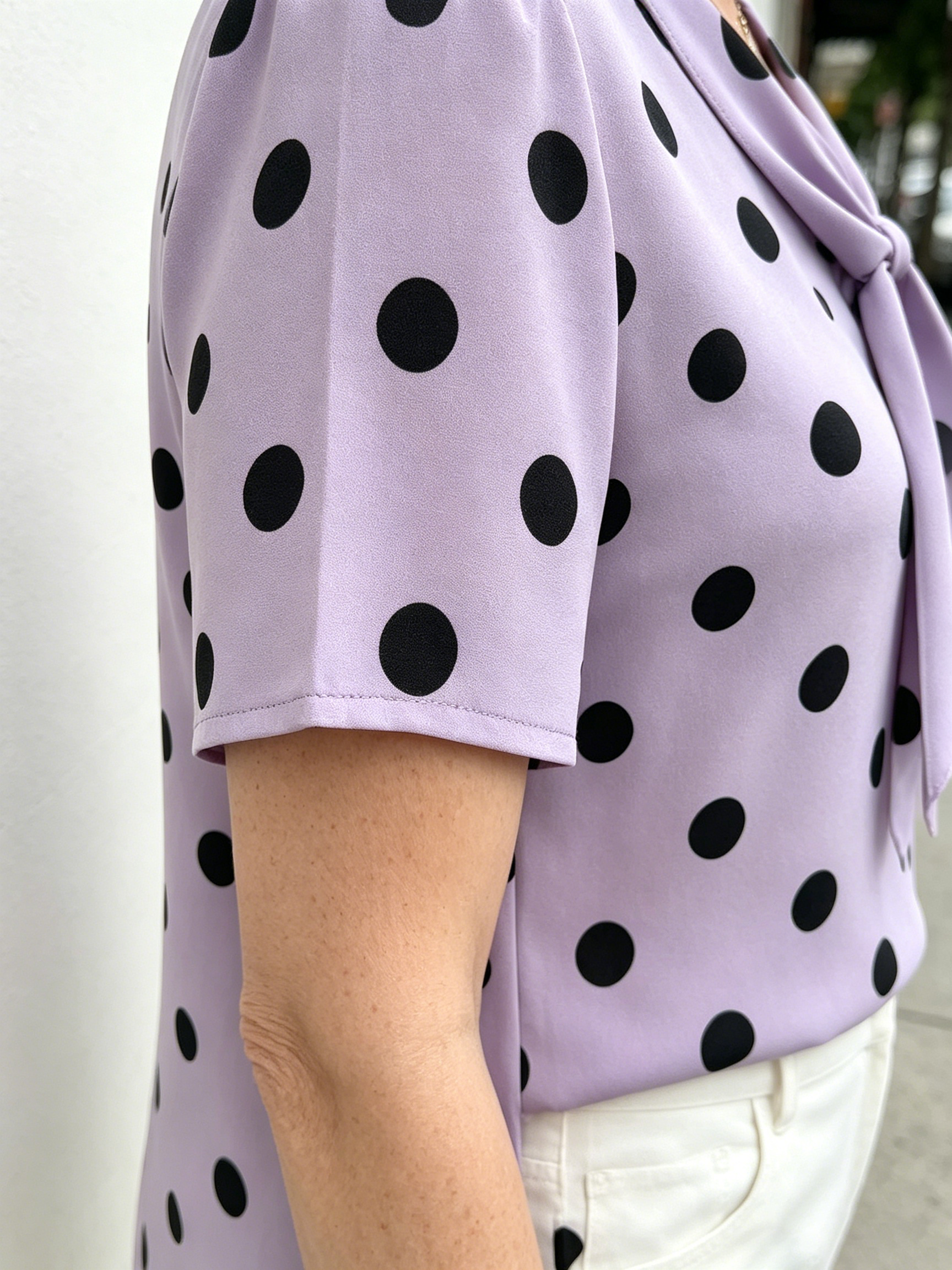 Yellow Polka Dot Chiffon Blouse, V Neck Front Tie Short Sleeve Loose Tummy Concealing Shirt for Mature Women