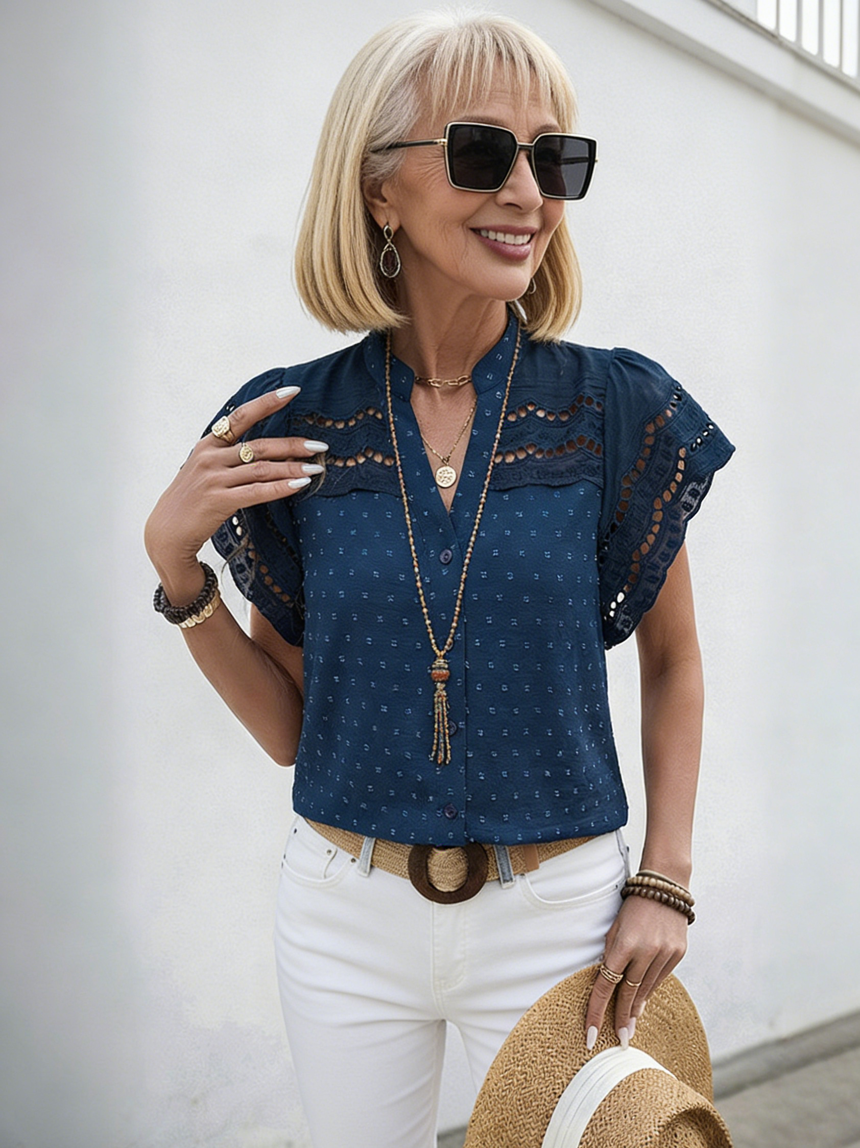 Textured Fabric Lace Splicing Lotus Leaf Sleeve Top Women's Textured Small Stand-Up Neck Cardigan Shirt
