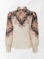 Cotton Shirt, Long Sleeves, Shawl Collar, Floral, Button Design, Vacation, Vintage, Apricot
