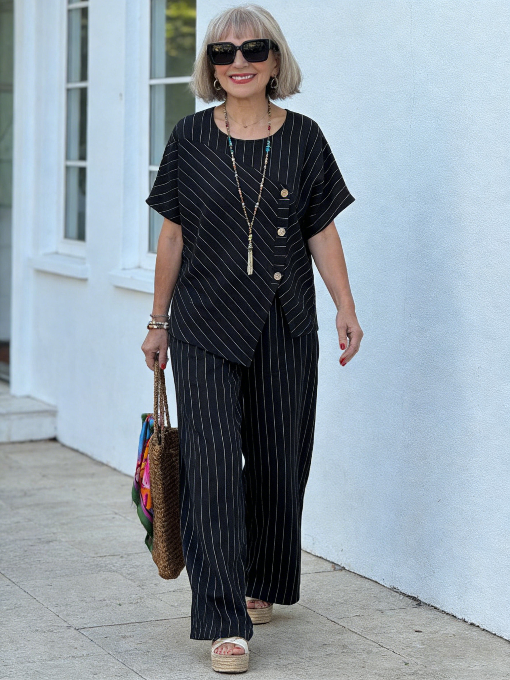 2Pcs Striped Short-sleeved Trousers Shirt Loose Pants Two-piece Set