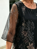 Black Floral Chiffon Midi Dress, Loose Tummy Hiding 3/4 Sleeve Printed Dress for Mature Women