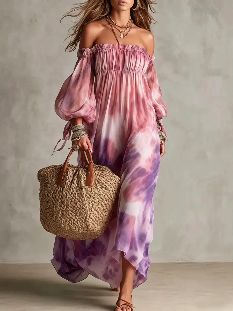 Women's Tie-dye Off-shoulder Vacation Maxi Dress