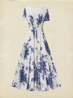 Maxi Linen Dress , Short Sleeves, Square Neck, Floral, Vacation, French Vintage, Blue