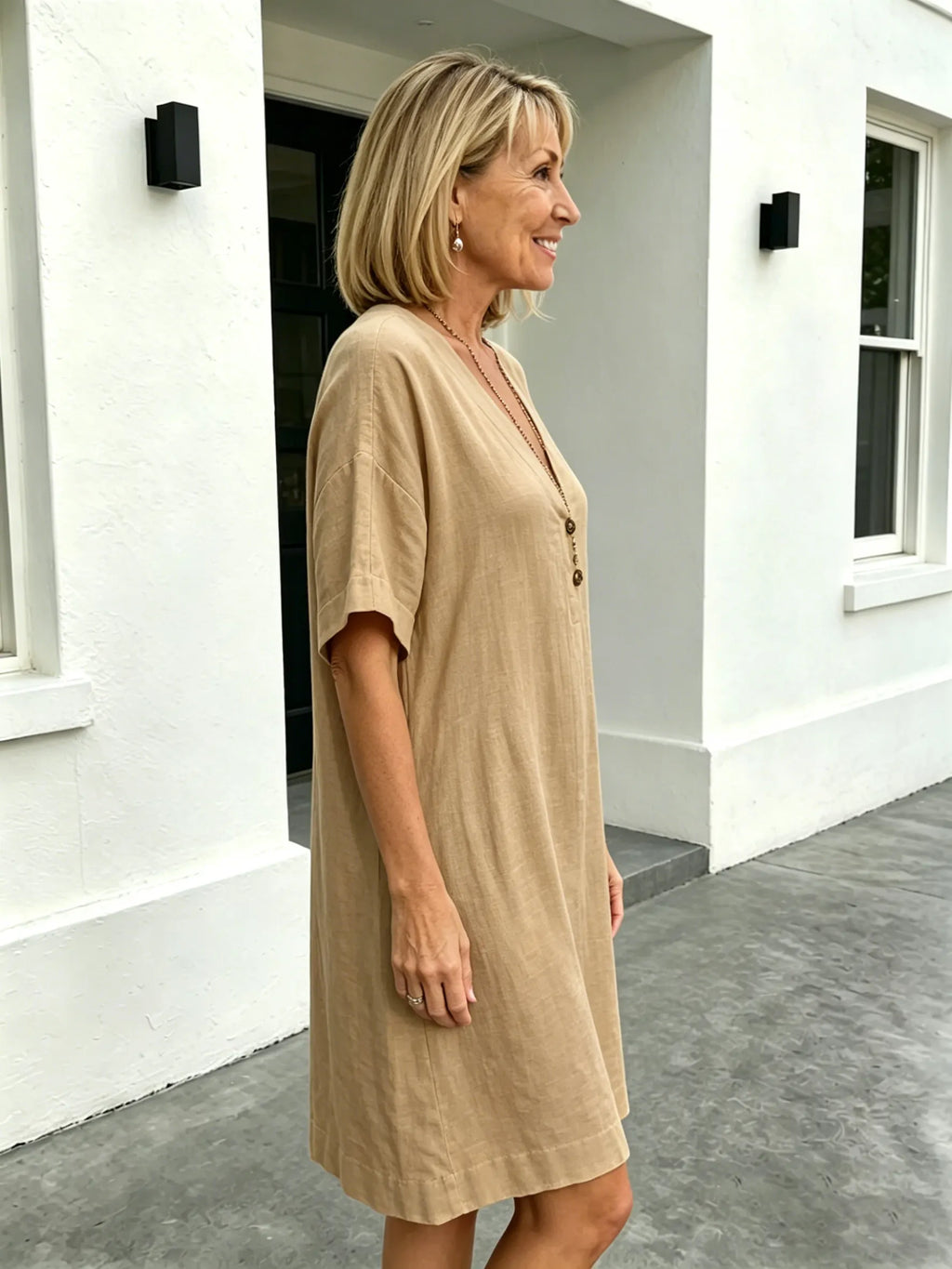 Short Sleeve V-Neck Cotton and Linen Loose Summer Dress