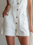 Casual Retro White Denim Sleeveless Shorts Jumpsuit
