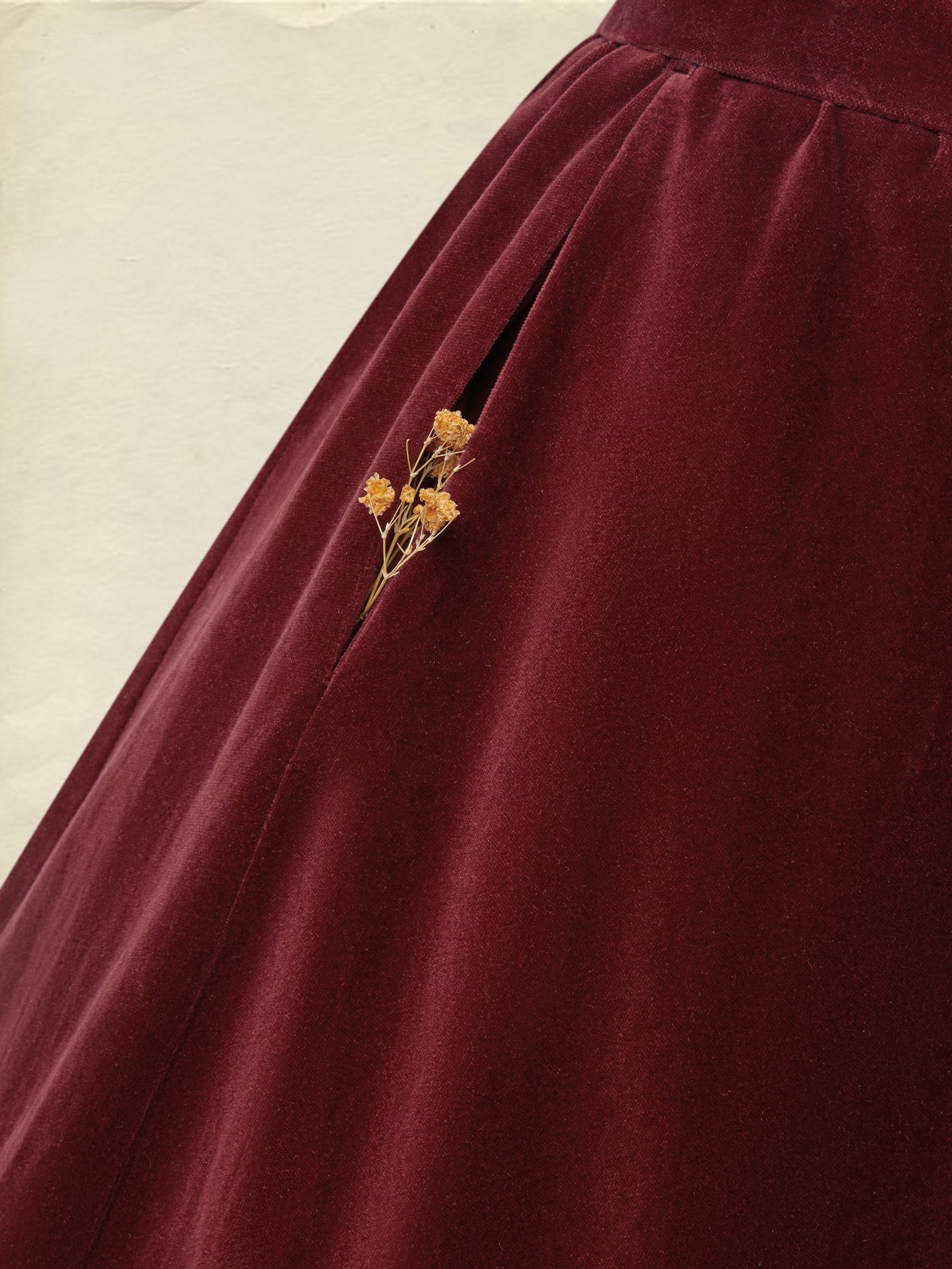 Midi Cotton Dress, Long Sleeves, Stand Collar, Plain, Vintage, Wine Red