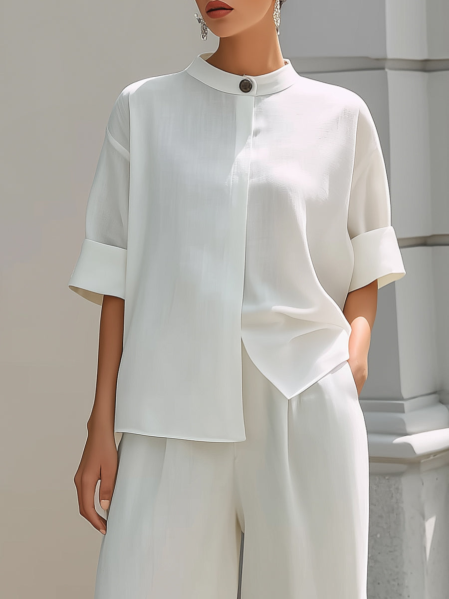 Minimalist Stand Collar Cotton Linen Top And Wide-Leg Pants Set