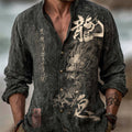 Japanese Zen-inspired Dragon Calligraphy Print Men's Linen Long-sleeve Shirt