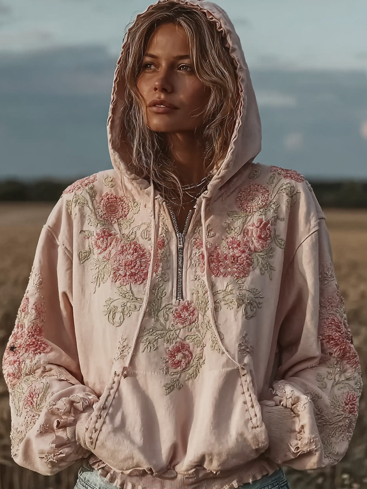 Bohemian Retro Style Plant Flower Design Women's Casual Hoodie