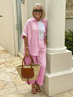 Long Sleeve Button Shirt &Minimalist Solid Two-piece Set