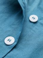 Maxi Linen Dress, Long Sleeve, Stand Collar, Button Down, Cottagecore, Linen Blend, Blue