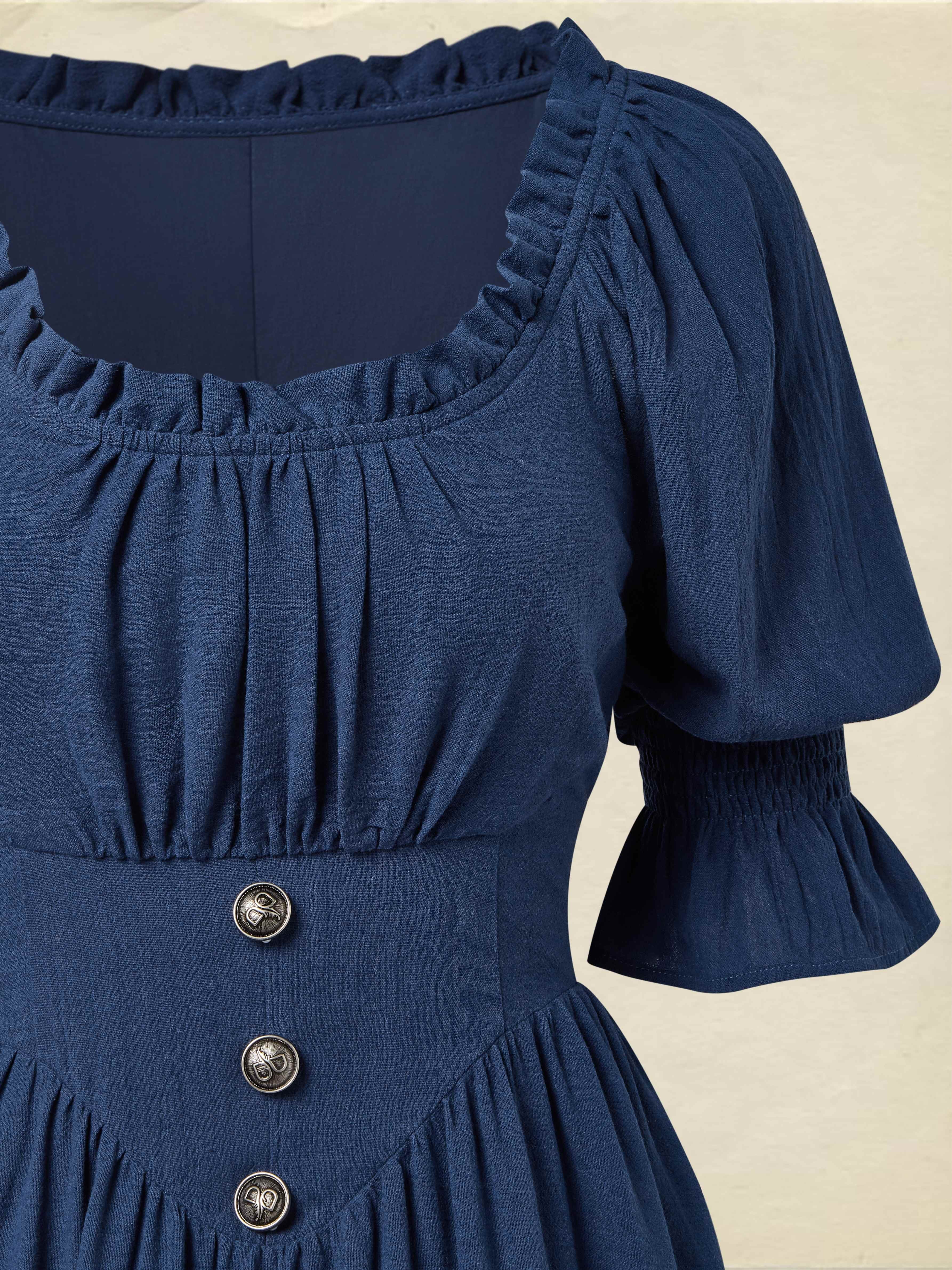 Linen Maxi Dress, Crew Neck, Half Sleeves, Belt, Victorian Style, Princess Dress, Blue