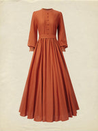 Maxi Linen Dress, Long Sleeves, Stand Collar, Shirt Dress, Linen Blend, Orange
