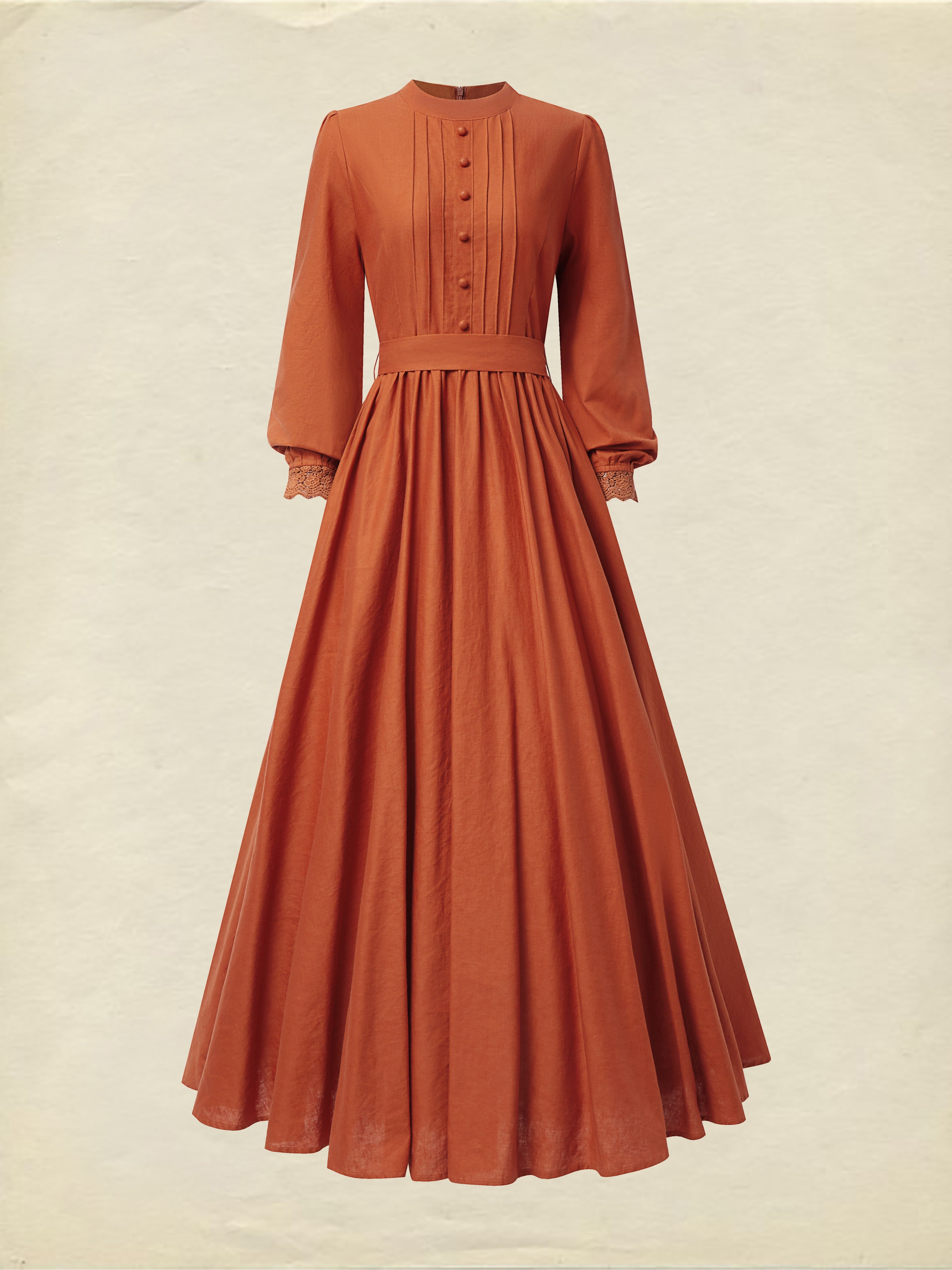Maxi Linen Dress, Long Sleeves, Stand Collar, Shirt Dress, Linen Blend, Orange