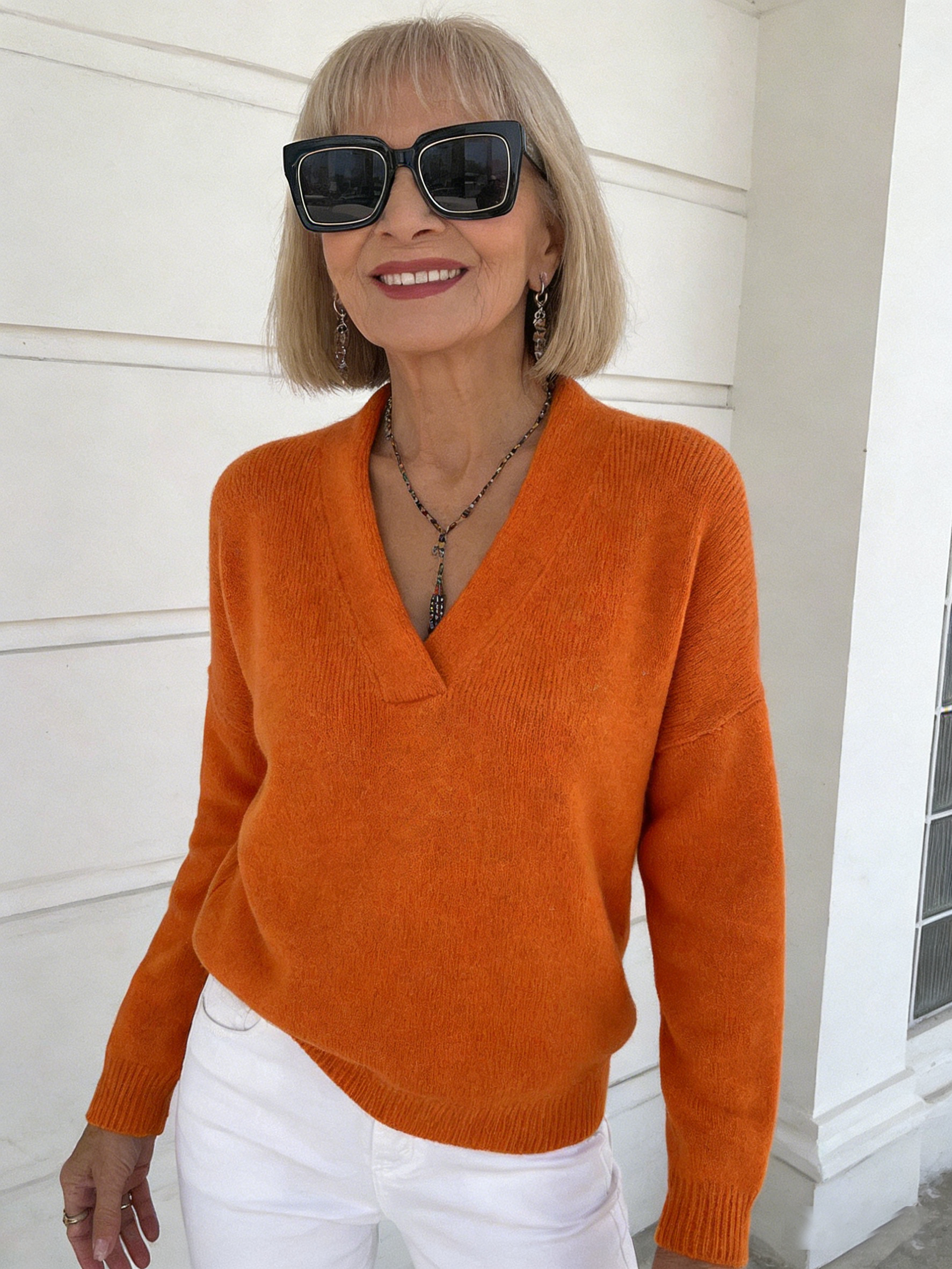Knitted V-neck Loose Sweater Fall and Winter Solid Color Casual Fashion Women's Knitwear