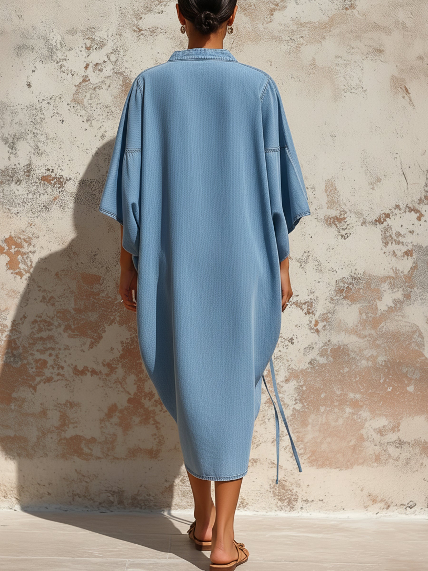 Light Blue Tencel Denim Oversized Drawstring Hem Shirt Dress