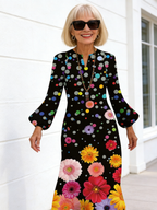 Butterfly Print Long-sleeved Dress Pocket Temperament Round Neck Suspender A-shaped Long Dress