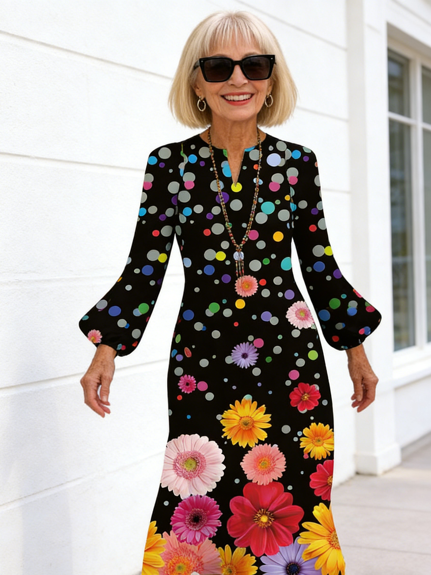 Butterfly Print Long-sleeved Dress Pocket Temperament Round Neck Suspender A-shaped Long Dress