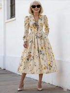 Printed V-neck Waist Long Sleeve A Pendulum Women's Dress Long Dress Literary Retro Fashion Elegant