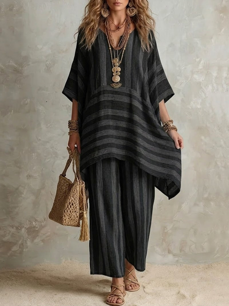 Casual Loose Striped Cotton And Linen Top And Pants Two-piece Set