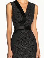 Black Polka Dot Sheath Dress with Satin Details and Side Slit