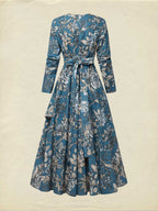 Maxi Linen Dress, Long Sleeves, Round Neck, Floral, Ruffles, Vintage, Deep Blue