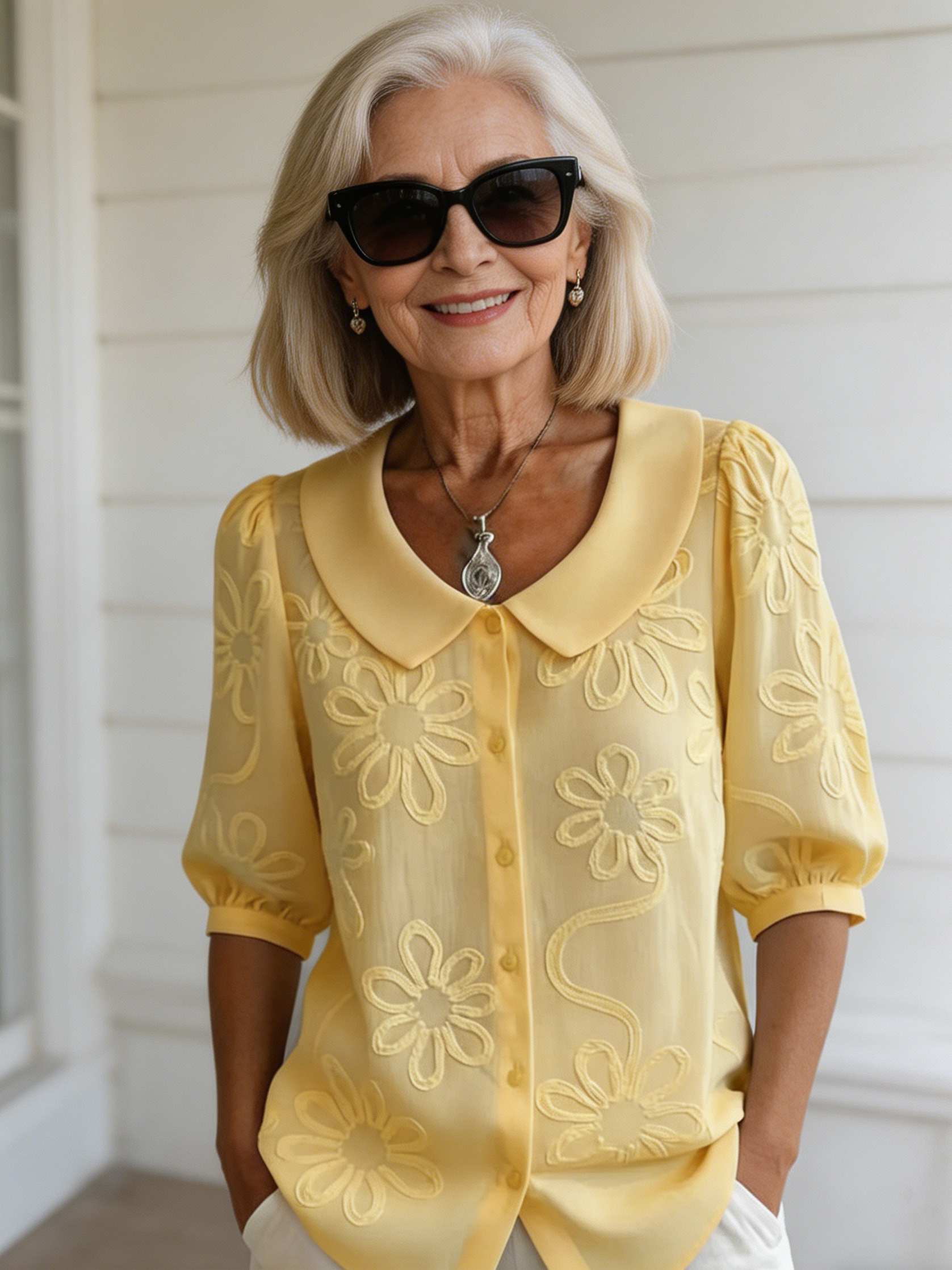 Loose Casual Vintage Button Embroidered Floral Medium Sleeve Shirt