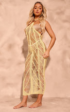 Yellow Laddered Crochet Gold Trim Maxi Beach Dress