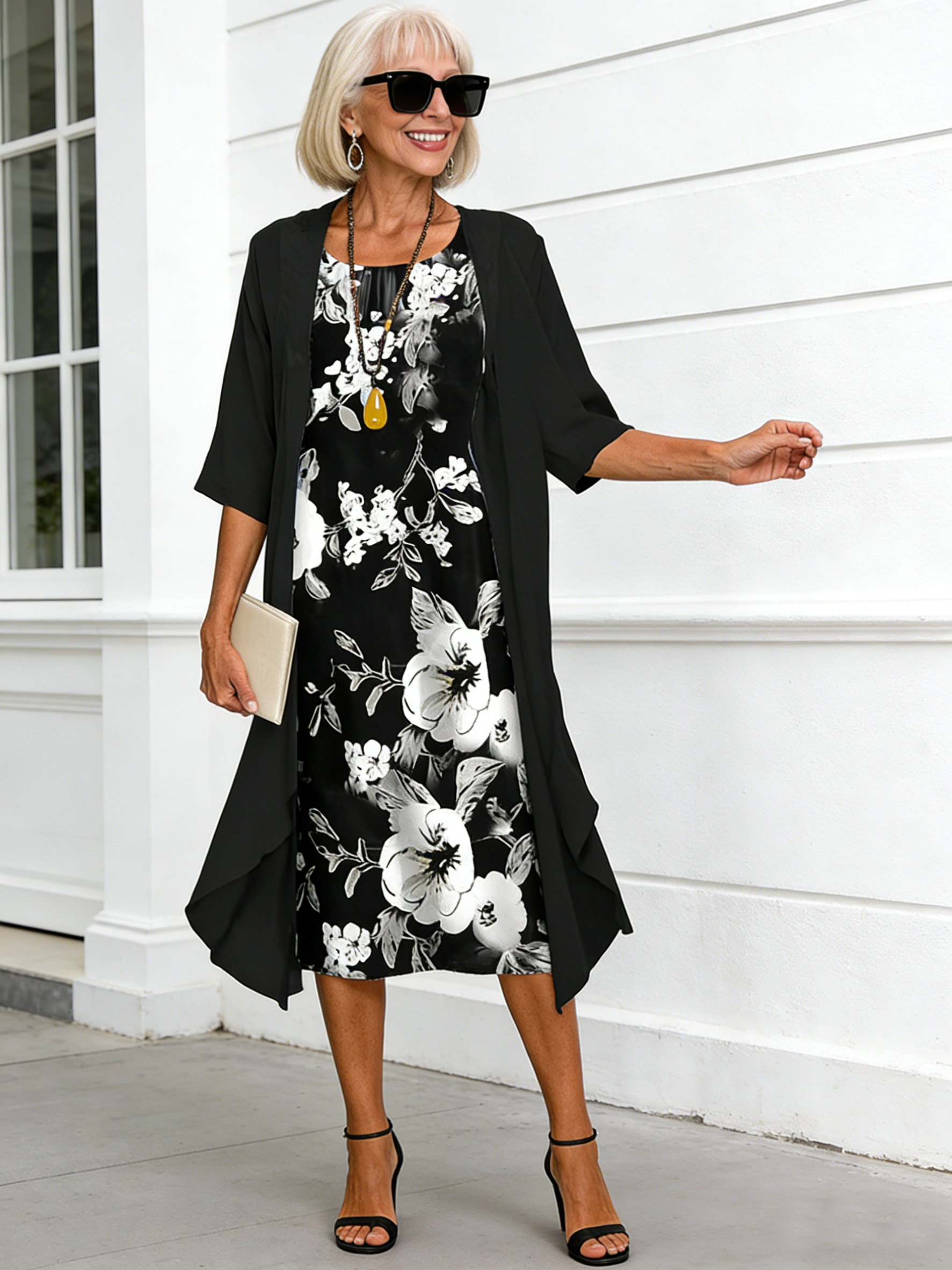 2Pcs Casual Printed Chiffon Dress Two-piece Set