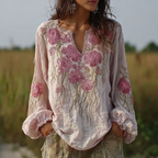 Bohemian Retro Countryside Style Plant Flower Design Cotton And Linen Women's Long-sleeve Shirt